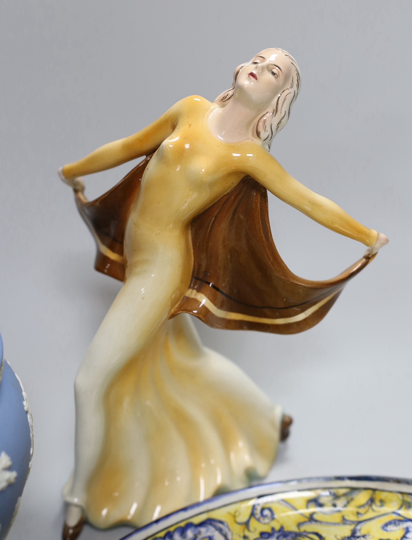 A Gien faience dish, Wedgwood jasper fruit bowl, an Art Deco Katzhutte figure and a pair of basketweave dishes, tallest 23cm